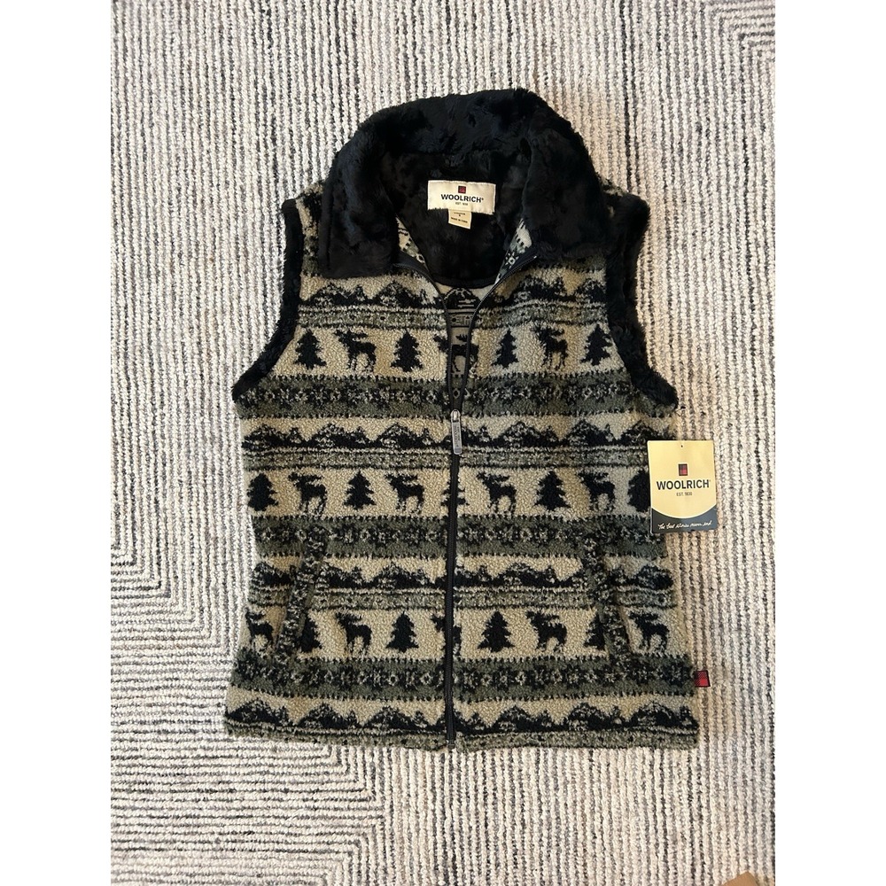 Woolrich Fleece Moose Pine Tree Cozy Cabin Women's Vest Black Small Winter